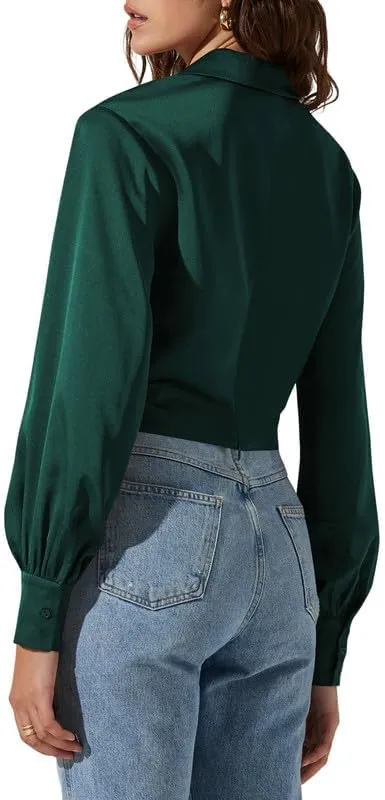 Jillumi Women's Elegant Satin Wrap Crop Tops Long Sleeve Silk Shirt
