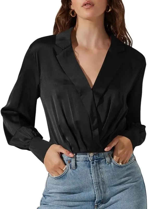 Jillumi Women's Elegant Satin Wrap Crop Tops Long Sleeve Silk Shirt
