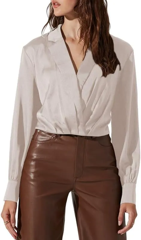 Jillumi Women's Elegant Satin Wrap Crop Tops Long Sleeve Silk Shirt
