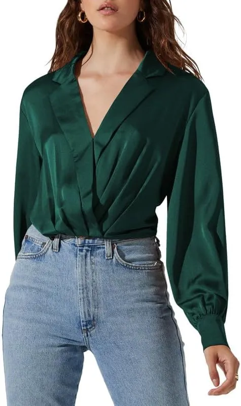 Jillumi Women's Elegant Satin Wrap Crop Tops Long Sleeve Silk Shirt