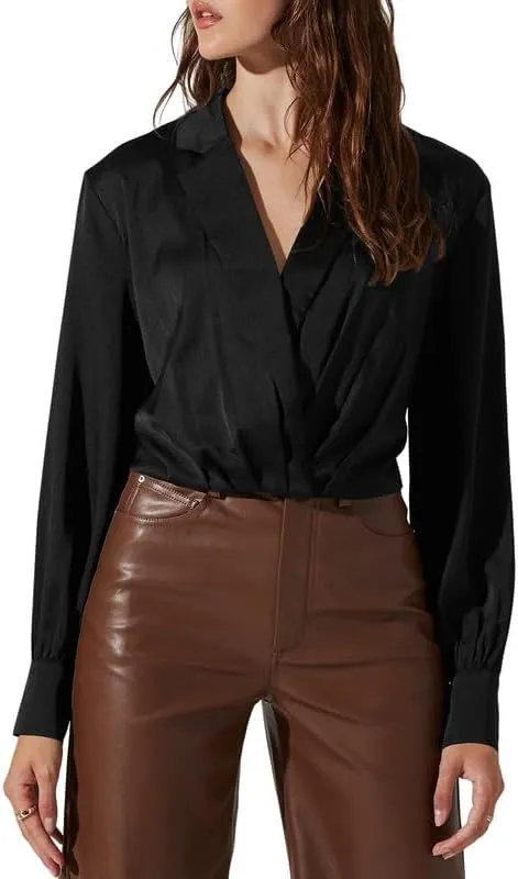 Jillumi Women's Elegant Satin Wrap Crop Tops Long Sleeve Silk Shirt
