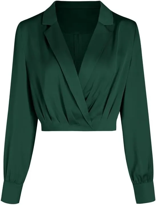 Jillumi Women's Elegant Satin Wrap Crop Tops Long Sleeve Silk Shirt