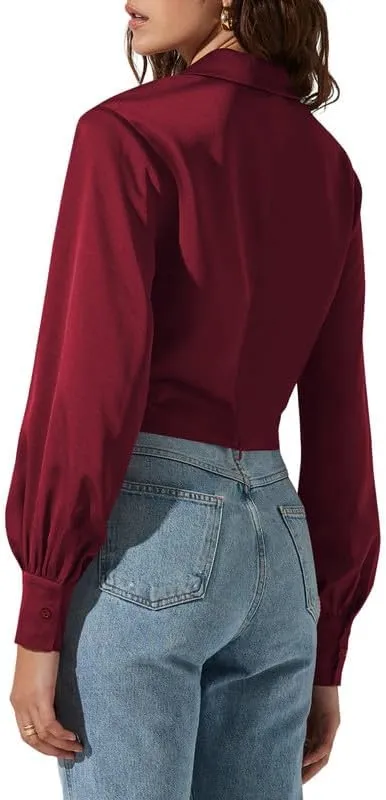 Jillumi Women's Elegant Satin Wrap Crop Tops Long Sleeve Silk Shirt