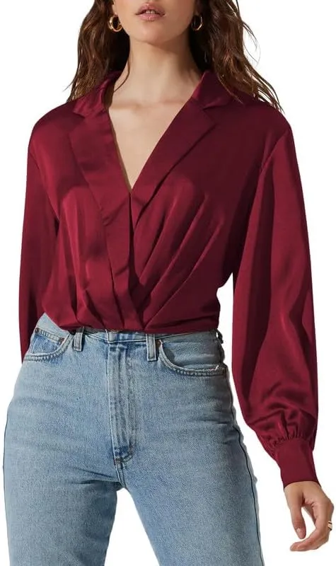 Jillumi Women's Elegant Satin Wrap Crop Tops Long Sleeve Silk Shirt
