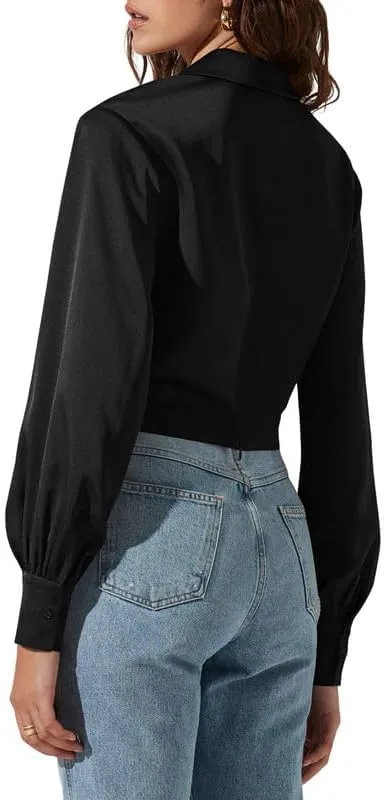 Jillumi Women's Elegant Satin Wrap Crop Tops Long Sleeve Silk Shirt