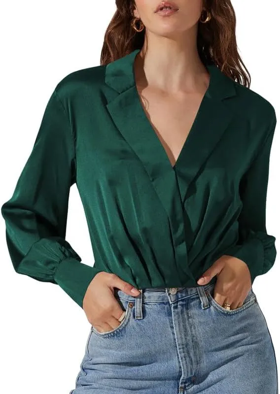 Jillumi Women's Elegant Satin Wrap Crop Tops Long Sleeve Silk Shirt
