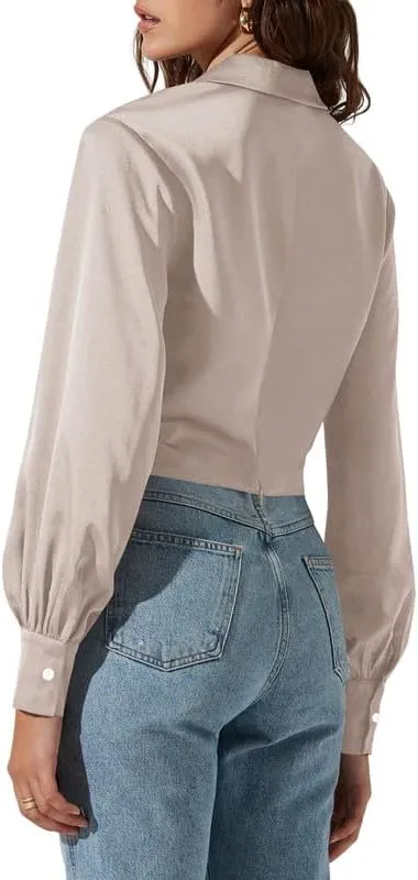 Jillumi Women's Elegant Satin Wrap Crop Tops Long Sleeve Silk Shirt