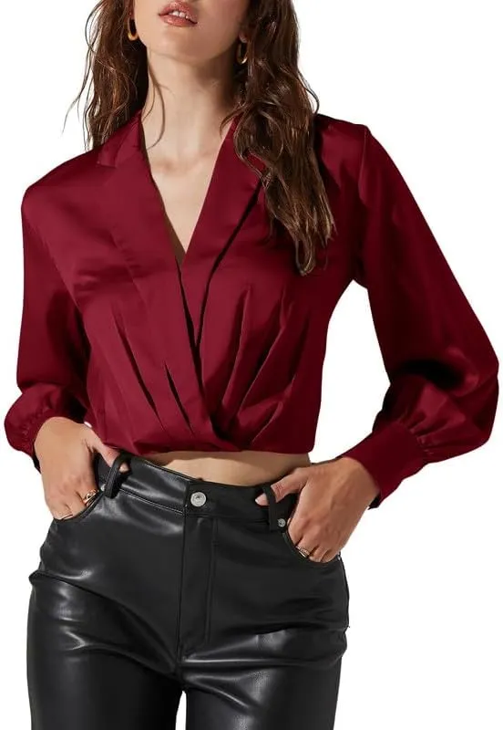 Jillumi Women's Elegant Satin Wrap Crop Tops Long Sleeve Silk Shirt