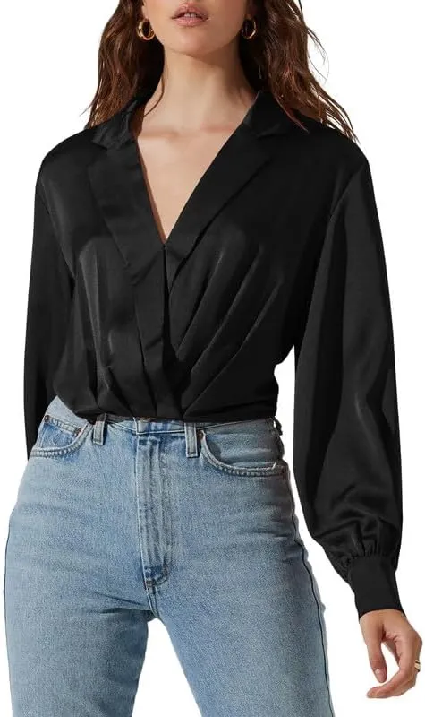 Jillumi Women's Elegant Satin Wrap Crop Tops Long Sleeve Silk Shirt