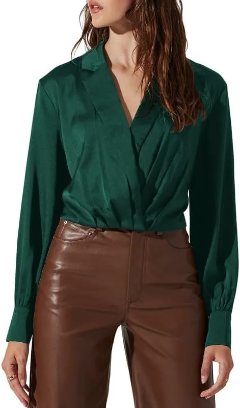 Jillumi Women's Elegant Satin Wrap Crop Tops Long Sleeve Silk Shirt
