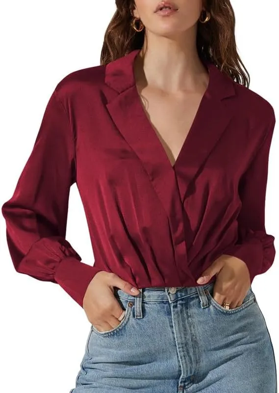 Jillumi Women's Elegant Satin Wrap Crop Tops Long Sleeve Silk Shirt