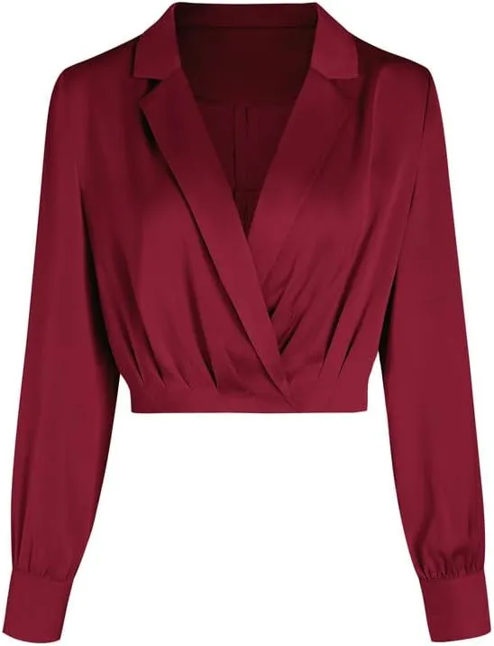 Jillumi Women's Elegant Satin Wrap Crop Tops Long Sleeve Silk Shirt