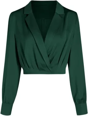 Jillumi Women's Elegant Satin Wrap Crop Tops Long Sleeve Silk Shirt