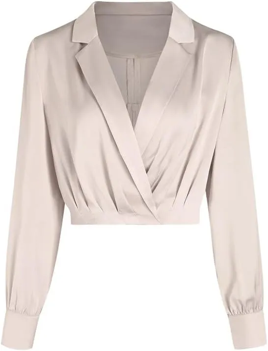 Jillumi Women's Elegant Satin Wrap Crop Tops Long Sleeve Silk Shirt