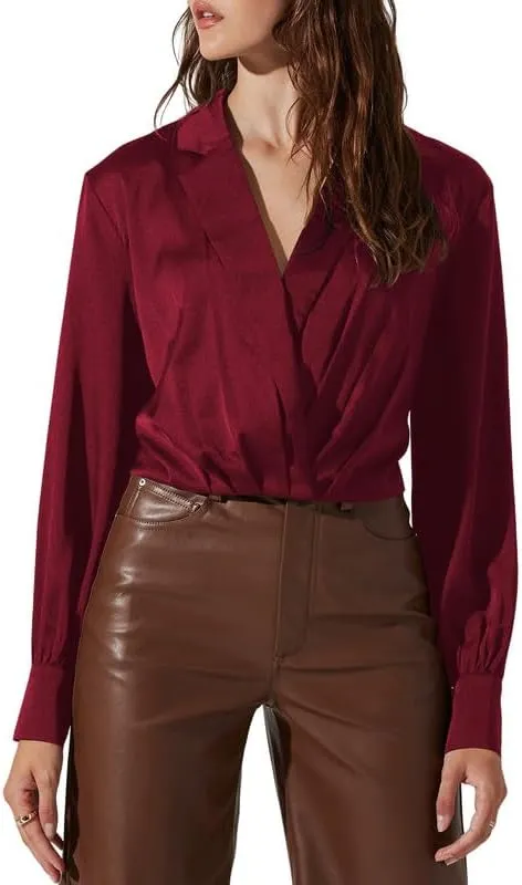 Jillumi Women's Elegant Satin Wrap Crop Tops Long Sleeve Silk Shirt