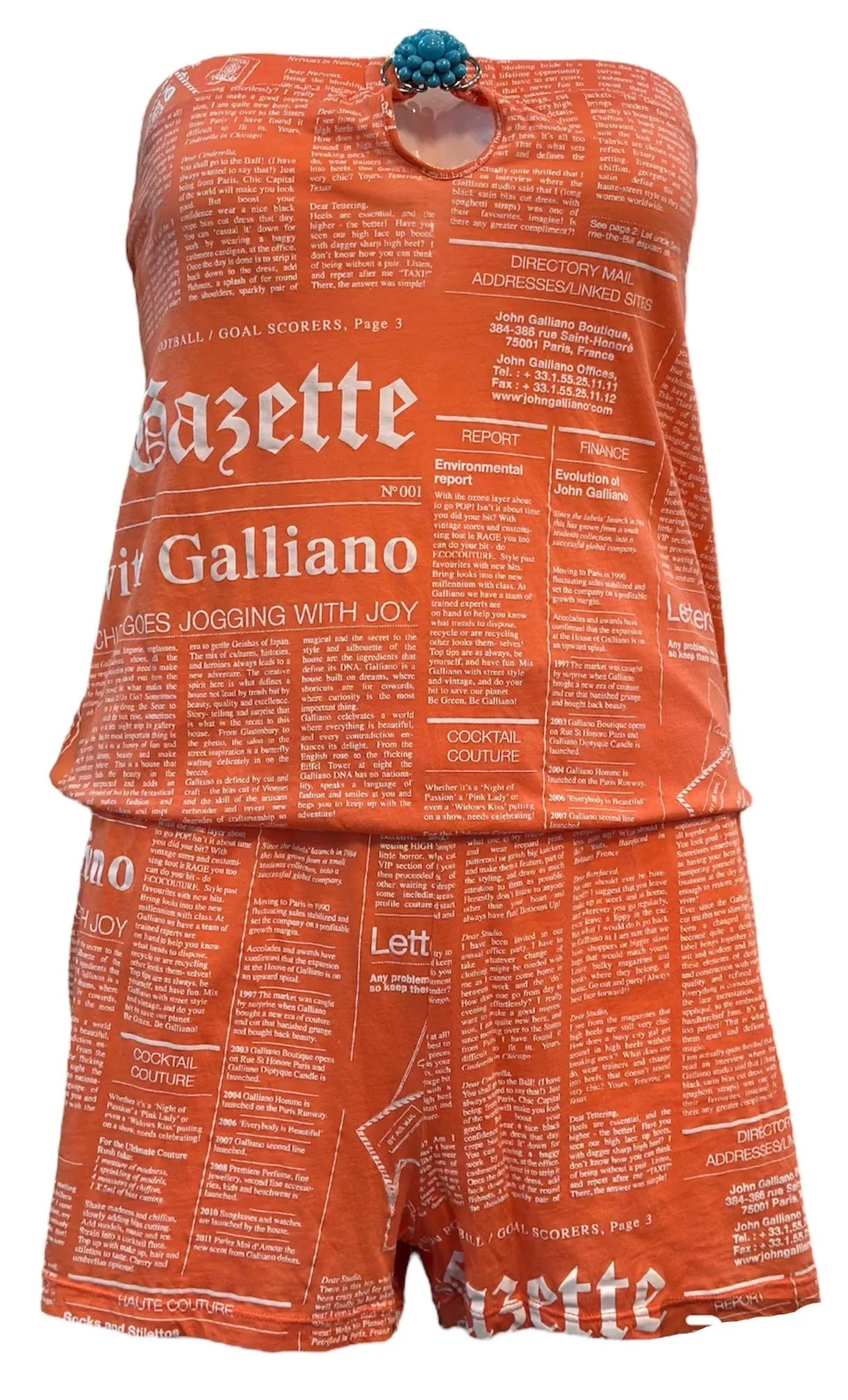 John Galliano Y2K Orange Cotton Strapless Newsprint Romper