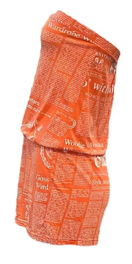 John Galliano Y2K Orange Cotton Strapless Newsprint Romper