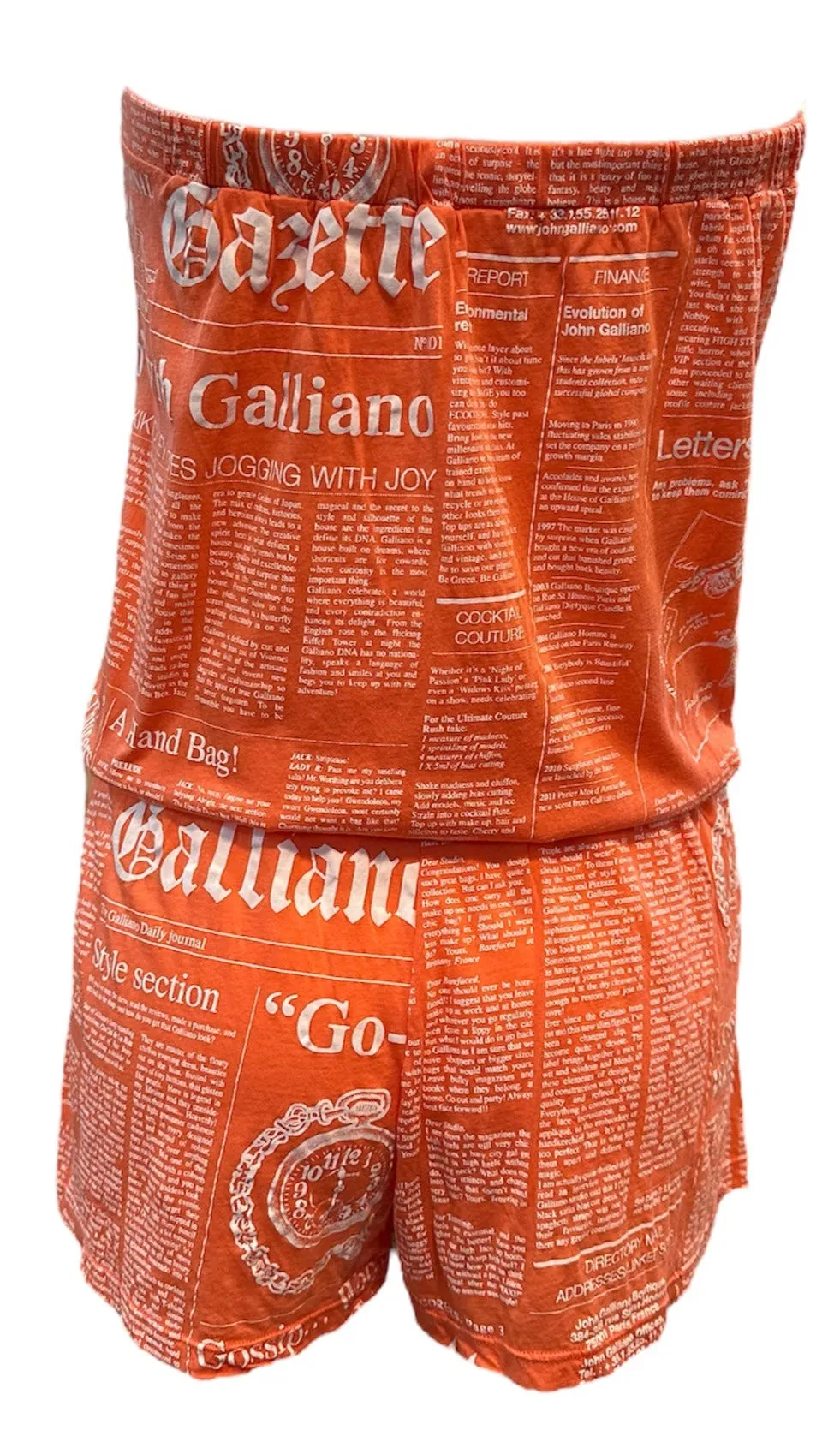 John Galliano Y2K Orange Cotton Strapless Newsprint Romper