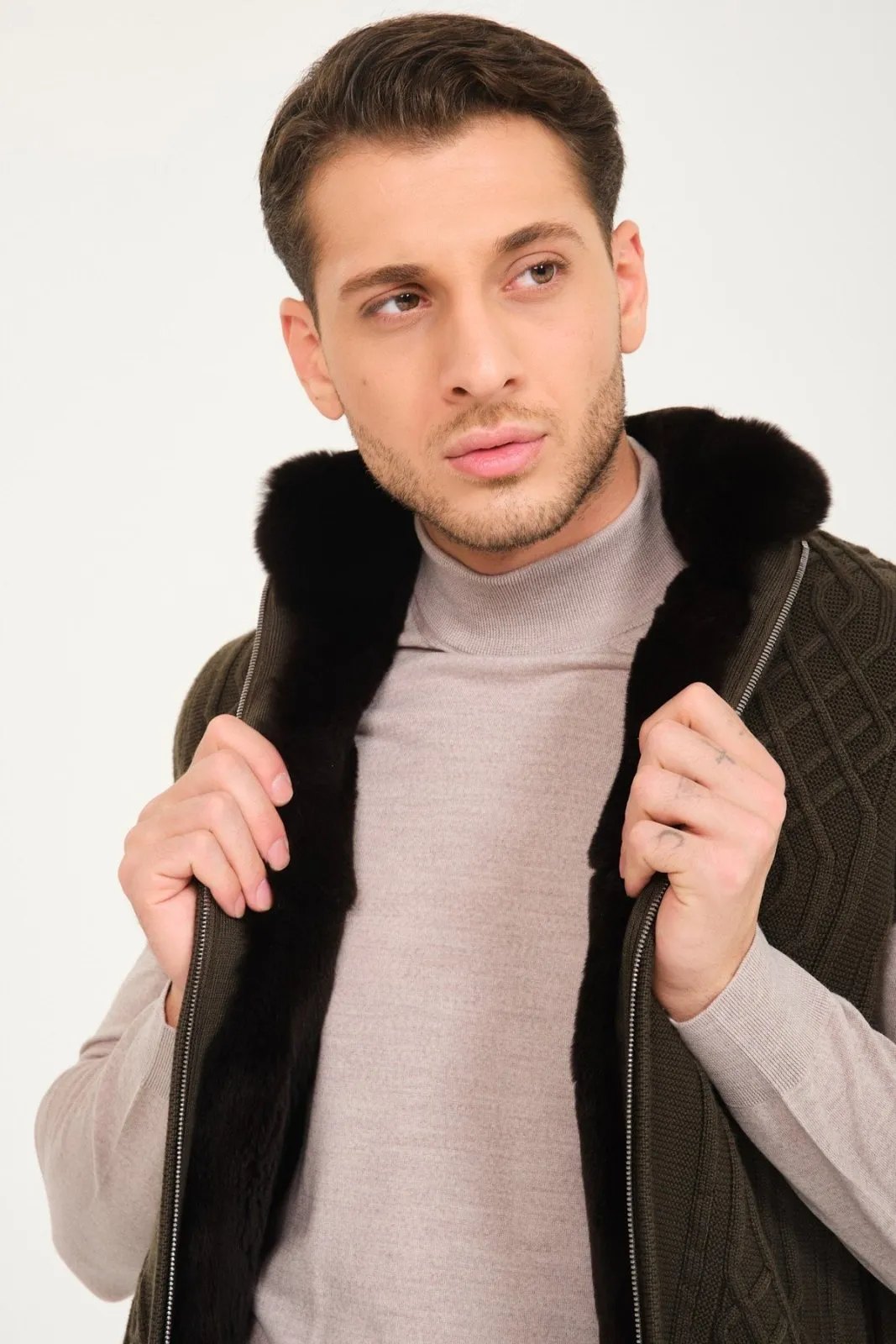 Khaki Wool & Rex Fur Knit Vest