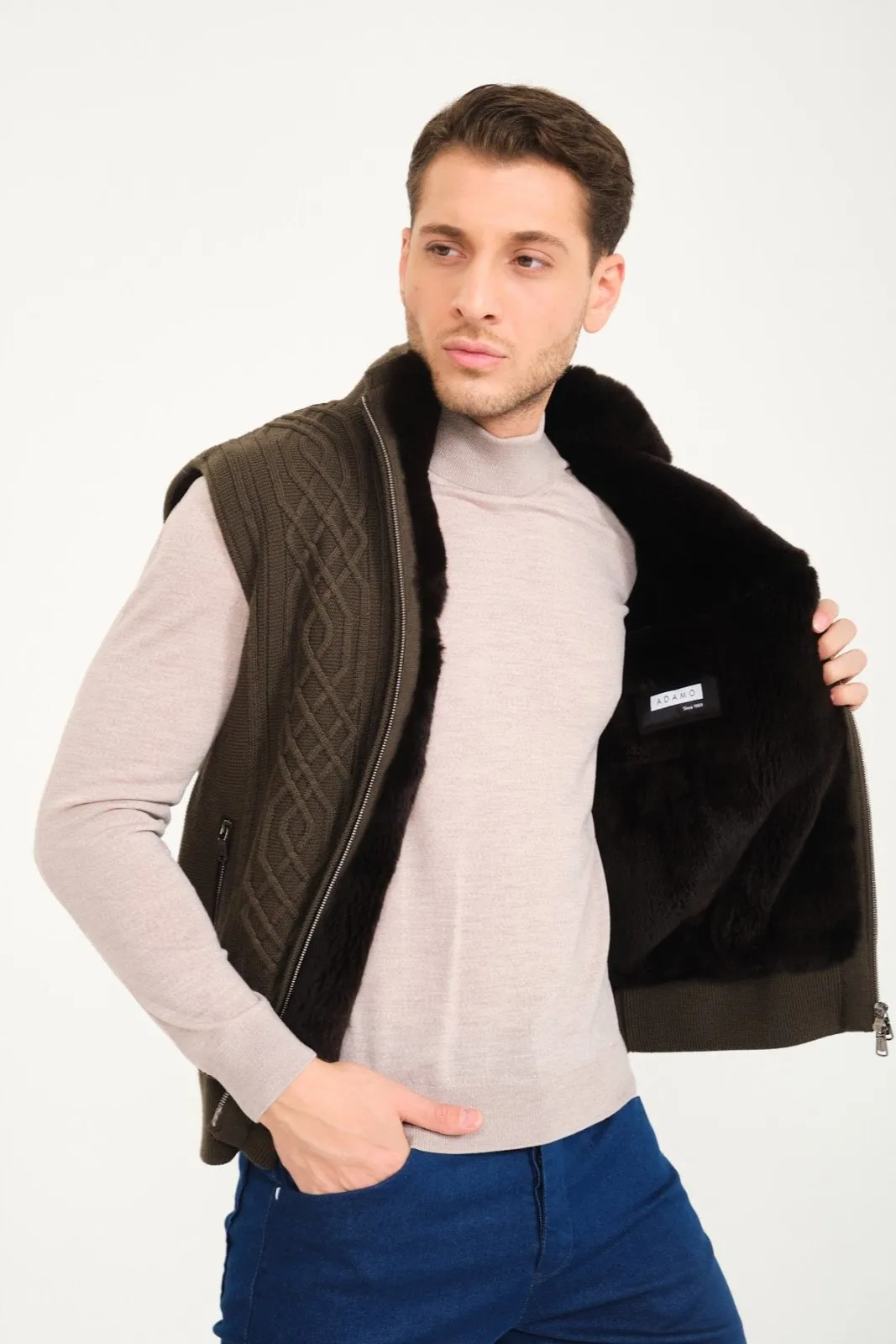 Khaki Wool & Rex Fur Knit Vest