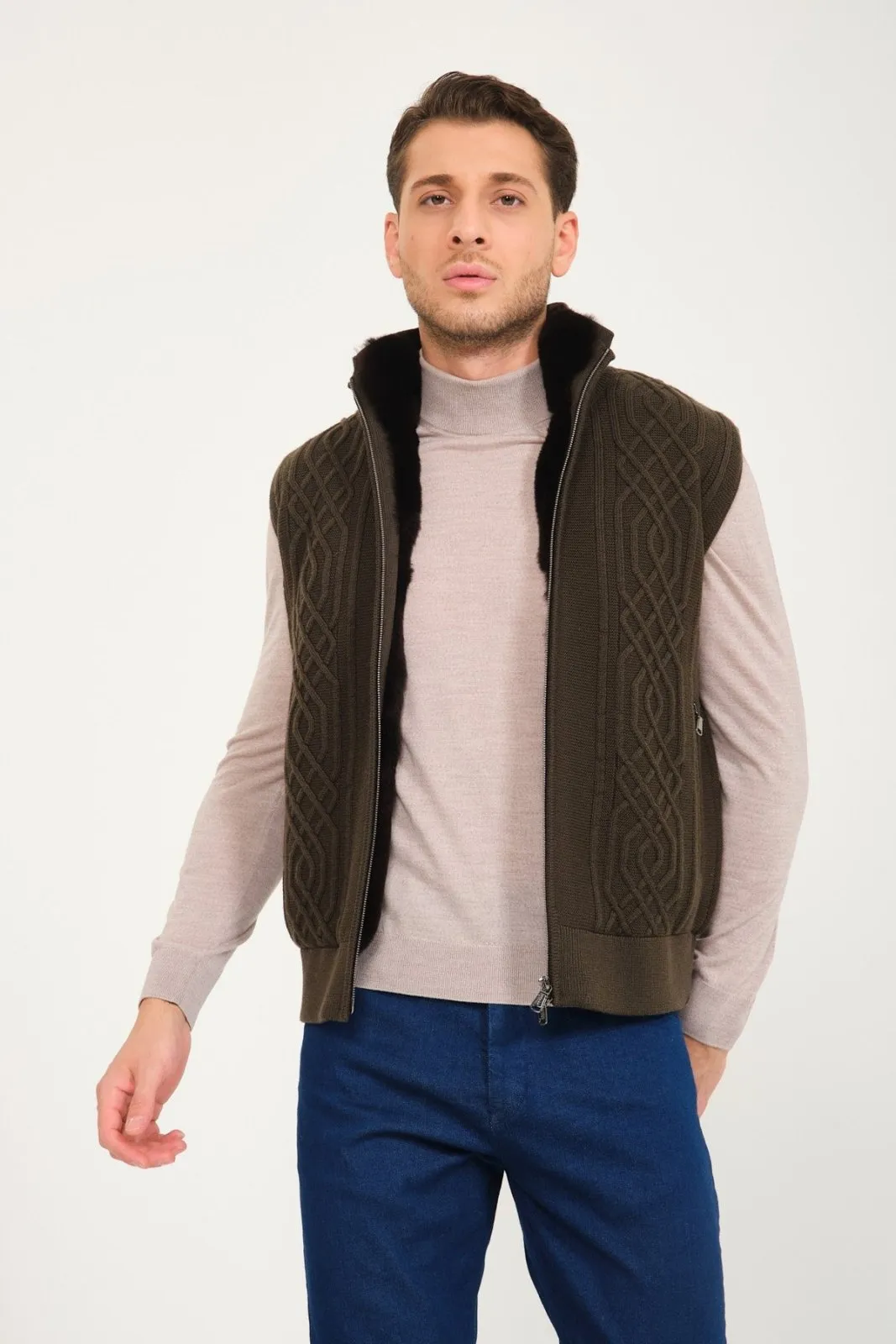 Khaki Wool & Rex Fur Knit Vest