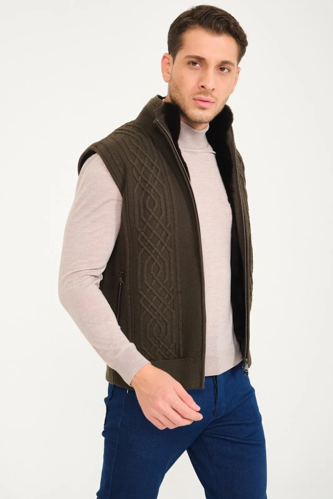 Khaki Wool & Rex Fur Knit Vest