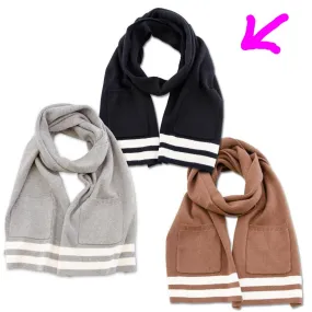 Knit Striped Scarf w/ Pockets - Black
