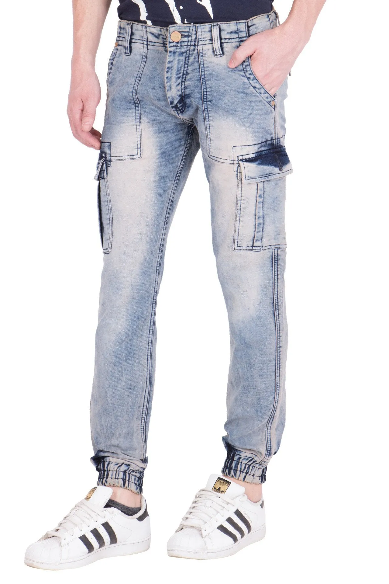 KROSSSTITCH Men's Faded Blue Original Cargo Denim Jeans
