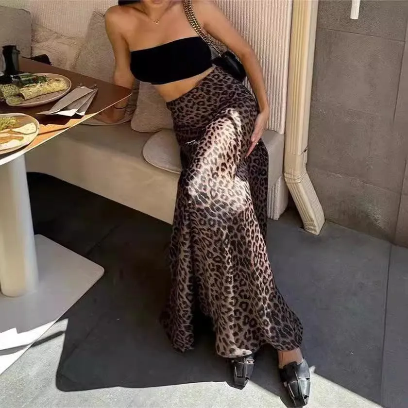 Ladies Leopard Print Hem Drape Skirt 888