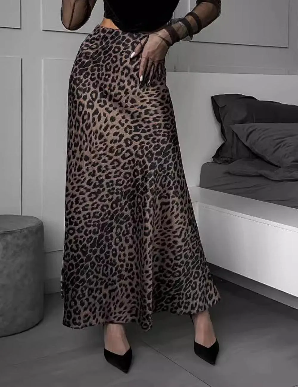 Ladies Leopard Print Hem Drape Skirt 888