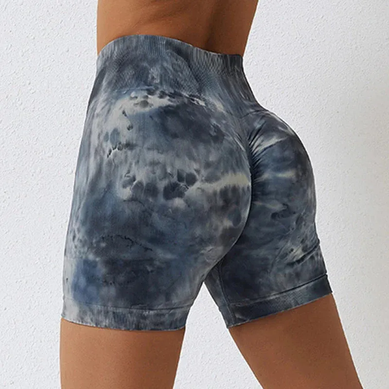 Marbling Tie Dye Buttock Lift Gym Women Fitness Tights High Waist Booty Sports Short for Summer