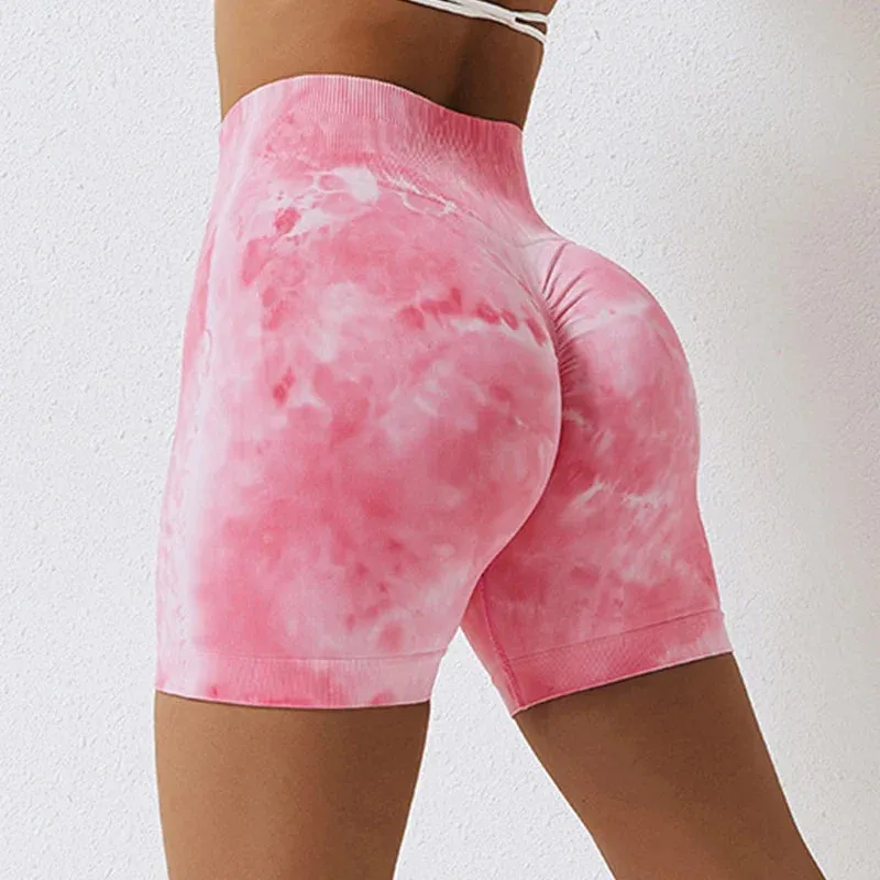 Marbling Tie Dye Buttock Lift Gym Women Fitness Tights High Waist Booty Sports Short for Summer