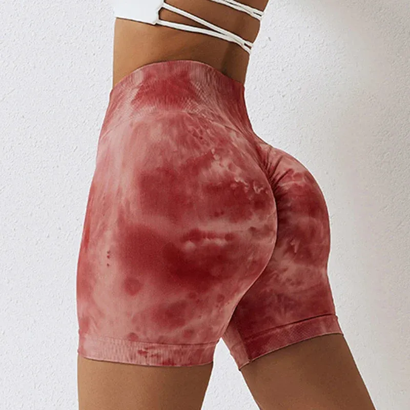 Marbling Tie Dye Buttock Lift Gym Women Fitness Tights High Waist Booty Sports Short for Summer