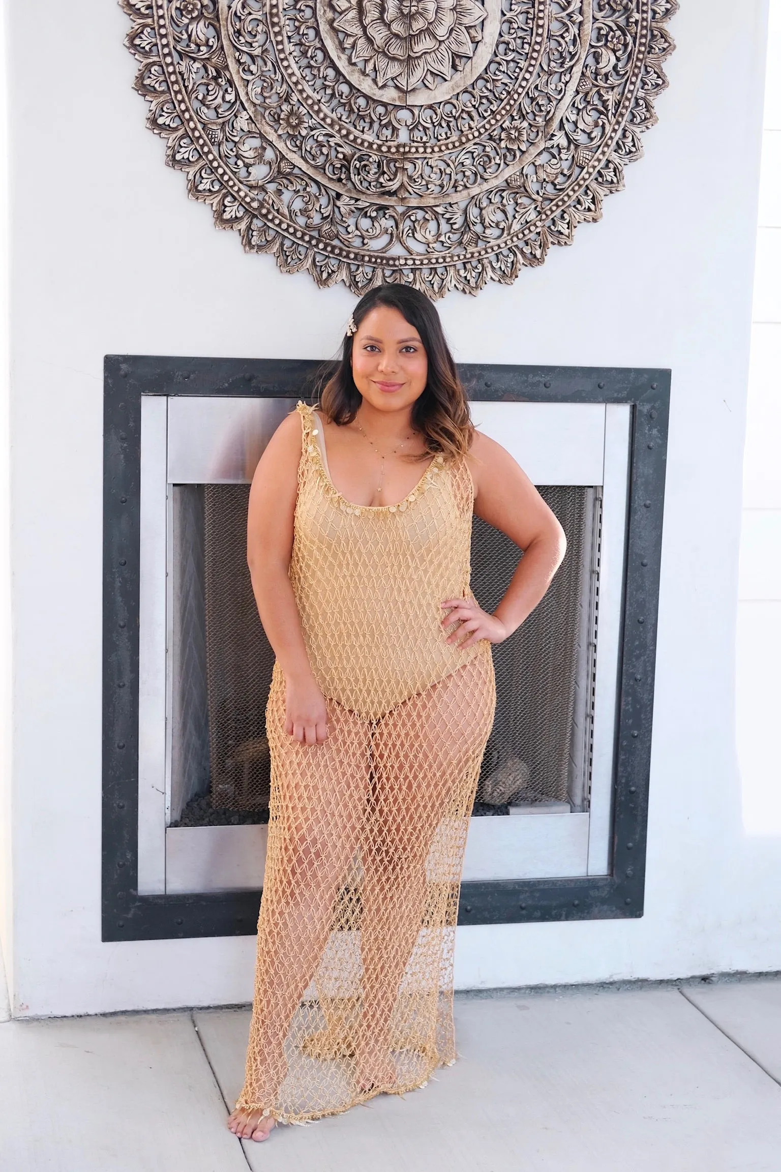 Maxi Beaded Net Cover Up Gold