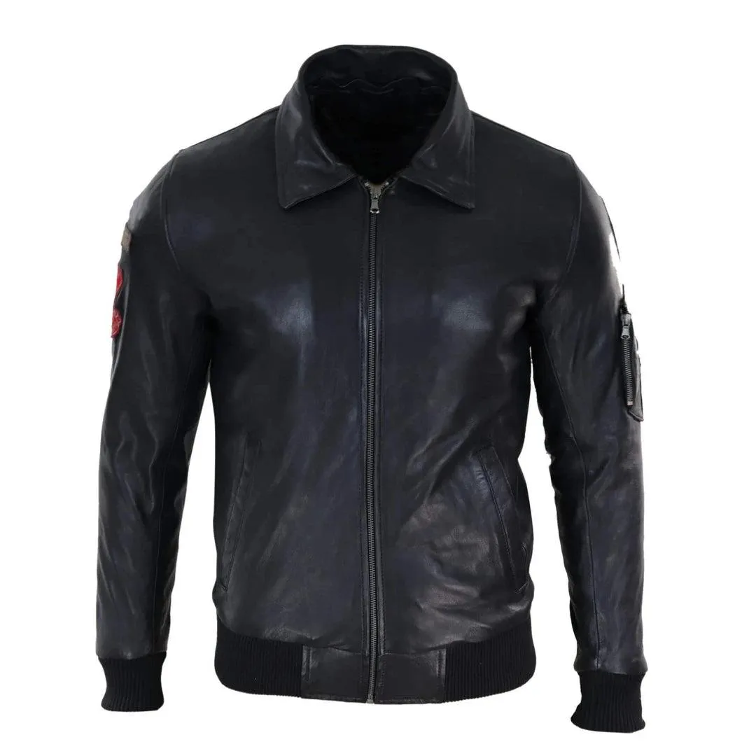 Mens Black Real Leather Pilot Jacket Bomber Air Force Aviator White Fur Collar