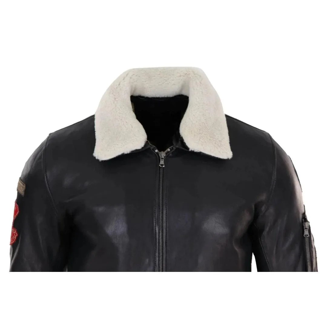 Mens Black Real Leather Pilot Jacket Bomber Air Force Aviator White Fur Collar