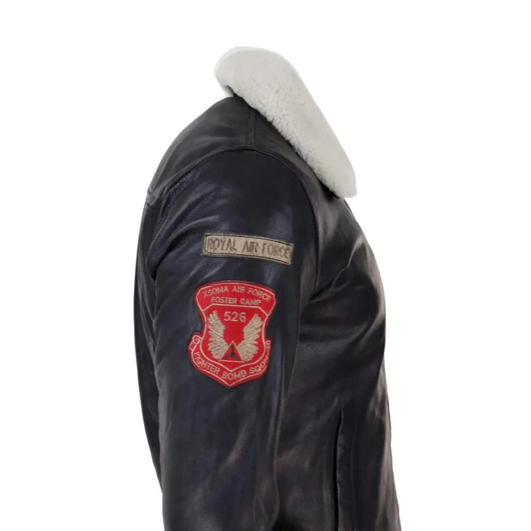 Mens Black Real Leather Pilot Jacket Bomber Air Force Aviator White Fur Collar