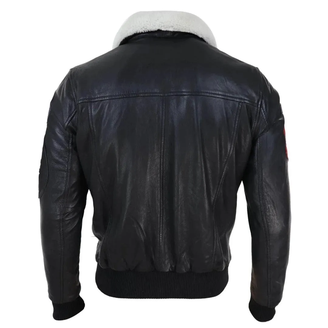 Mens Black Real Leather Pilot Jacket Bomber Air Force Aviator White Fur Collar