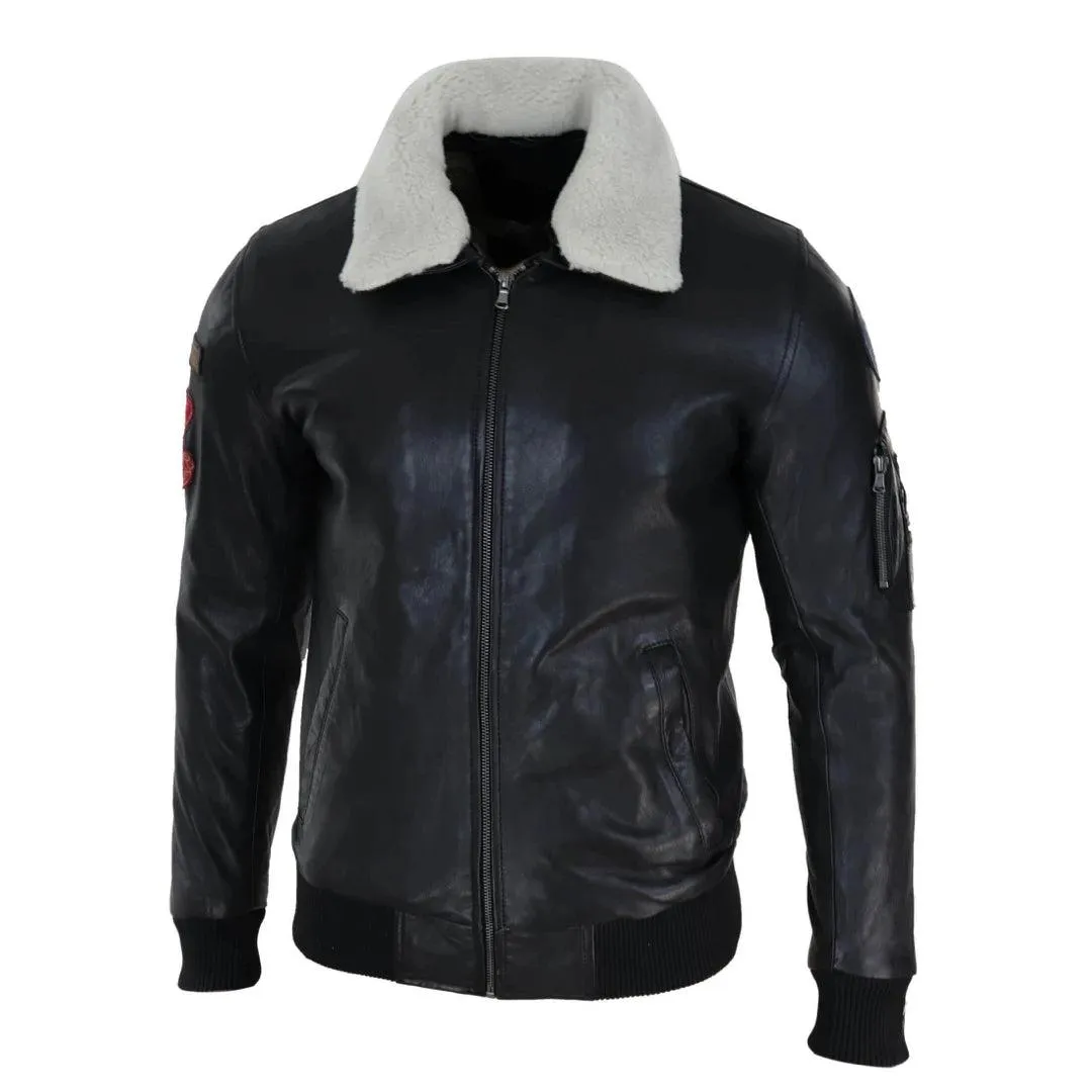 Mens Black Real Leather Pilot Jacket Bomber Air Force Aviator White Fur Collar