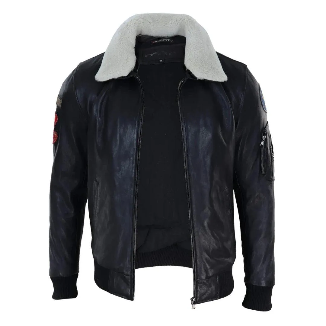 Mens Black Real Leather Pilot Jacket Bomber Air Force Aviator White Fur Collar