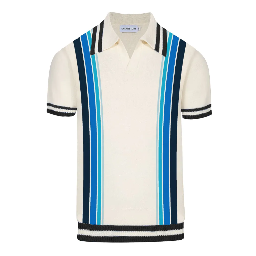 Men's white and blue striped V-neck knit polo shirt