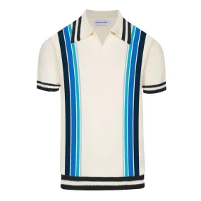 Men's white and blue striped V-neck knit polo shirt