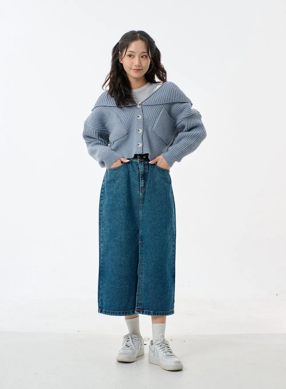 Mid-Wash Front Slit Denim Maxi Skirt BJ327
