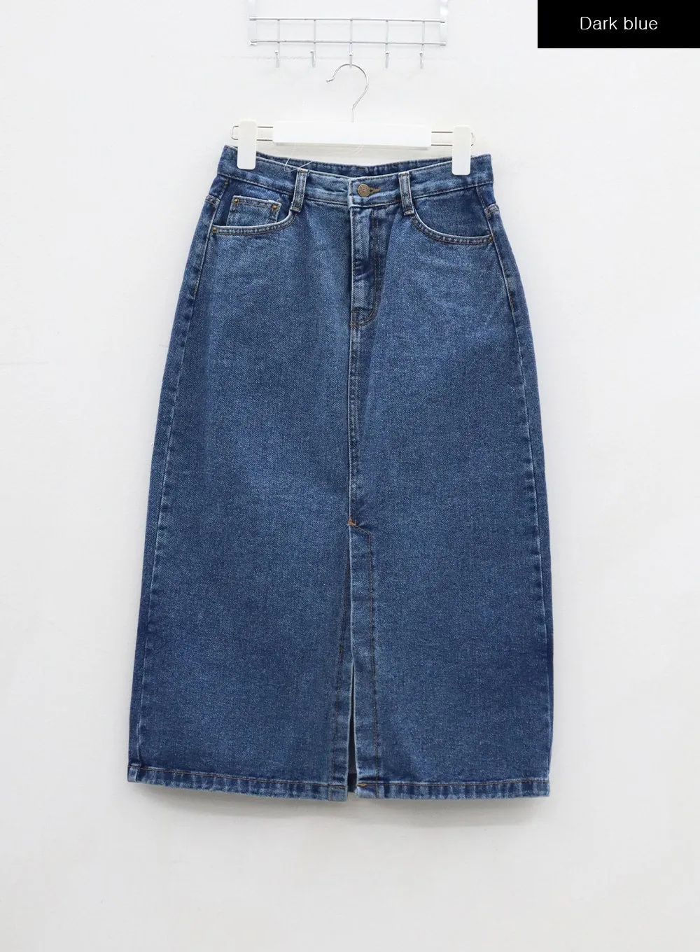 Mid-Wash Front Slit Denim Maxi Skirt BJ327