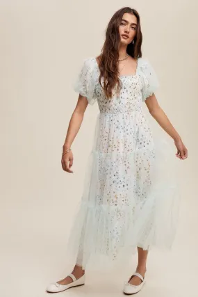 Mint Floral Print And Mesh Puff Sleeve Maxi Dress
