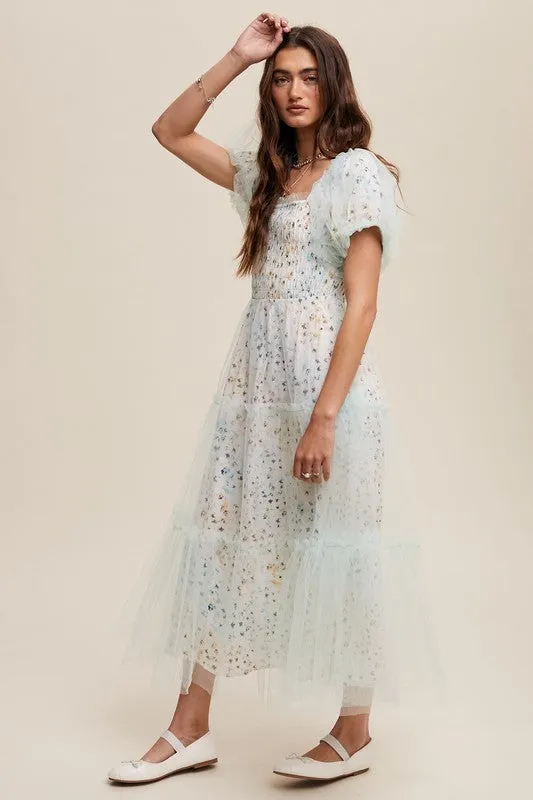 Mint Floral Print And Mesh Puff Sleeve Maxi Dress