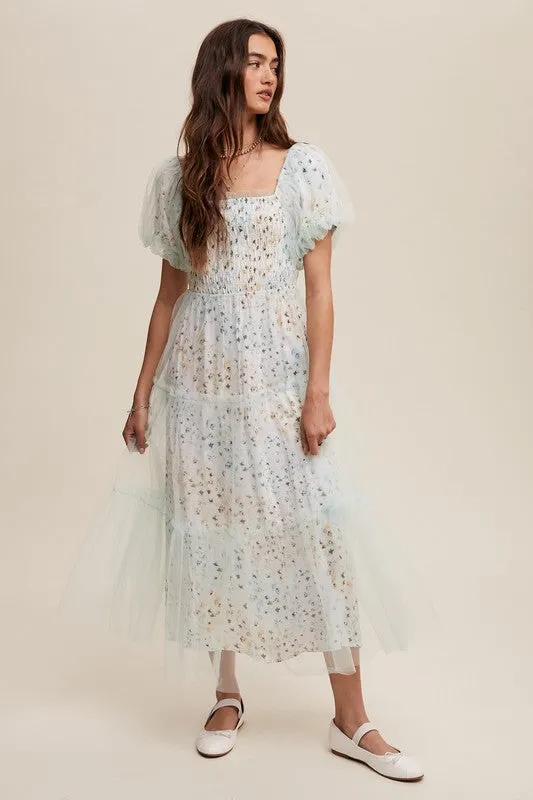 Mint Floral Print And Mesh Puff Sleeve Maxi Dress