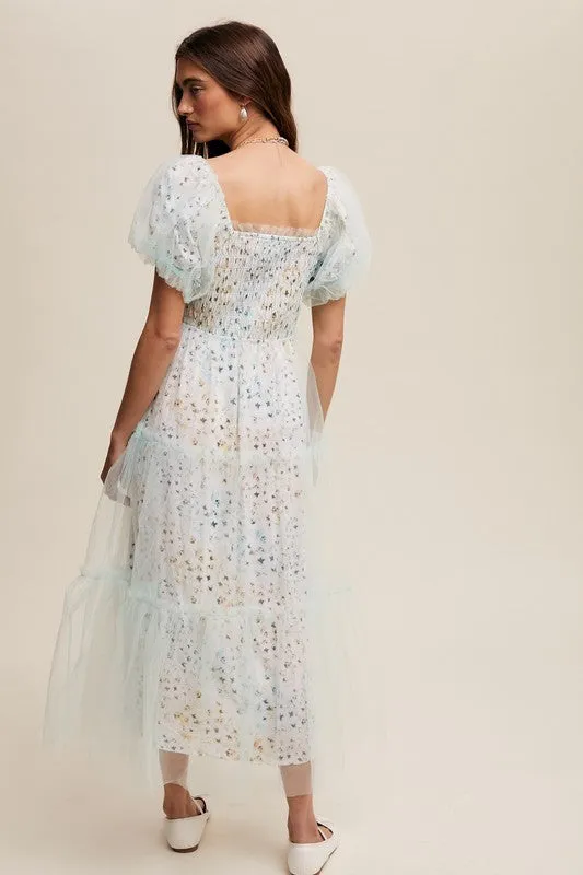 Mint Floral Print And Mesh Puff Sleeve Maxi Dress