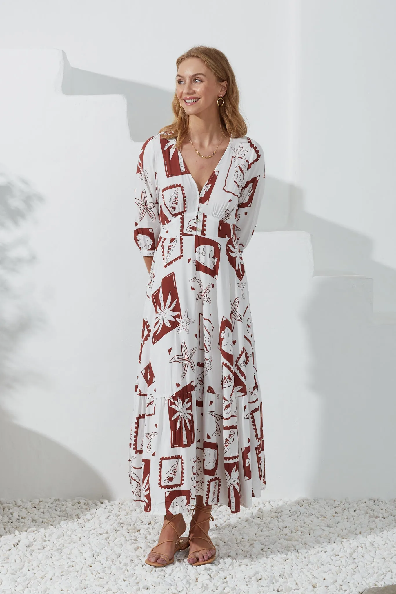 Mira Brown Sea Shells Tropical V-Neck Maxi Dress