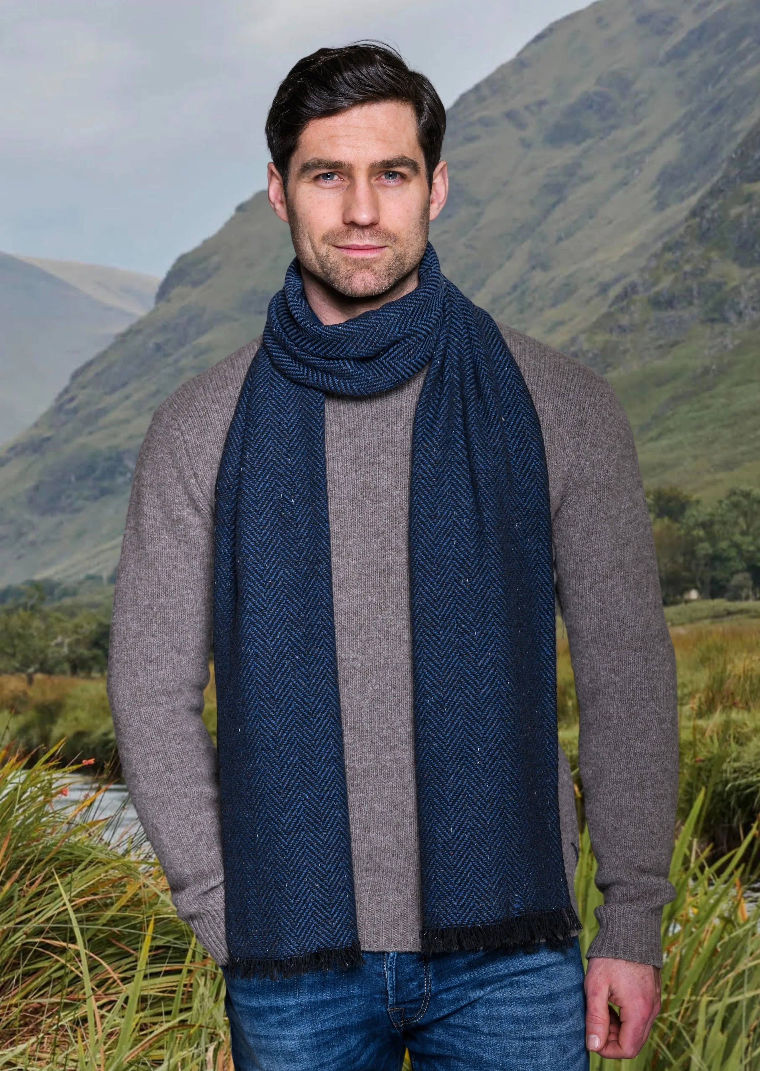 Mucros Donegal Scarf | Blue Herringbone